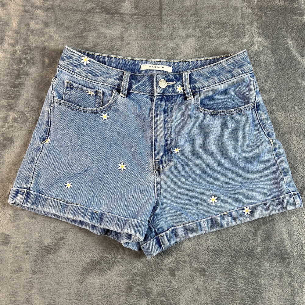 PacSun Mom Shorts Womens 27 Blue Denim Embroidered Daisy Floral Cuffed Hem